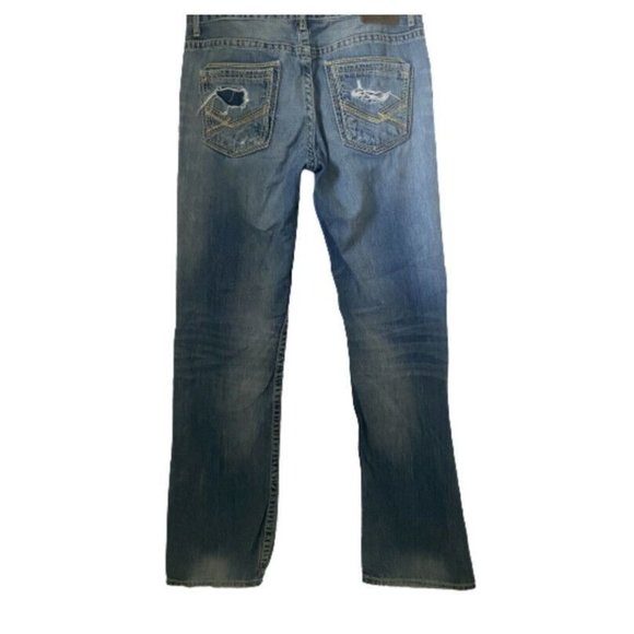 BKE Jeans Mens 33x34XL Jake Blue Denim Distressed Knee Patches Thick Stitch - Picture 2 of 11